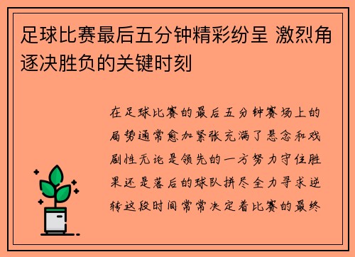 足球比赛最后五分钟精彩纷呈 激烈角逐决胜负的关键时刻